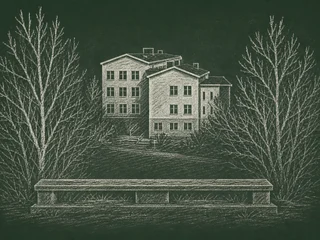 Chalkboard-illustration av Enskedefältets skola, Stockholm