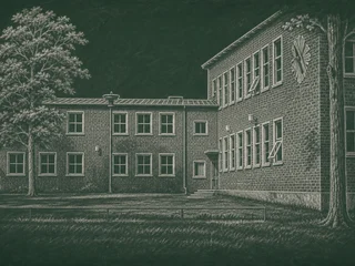 Chalkboard-illustration av Skanskvarnsskolan, Stockholm