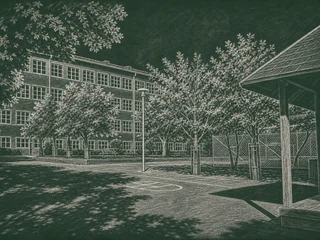 Chalkboard-illustration av Norra Ängby skola, Stockholm