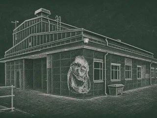 Chalkboard illustration of Bråviksskolan 1, Norrköping