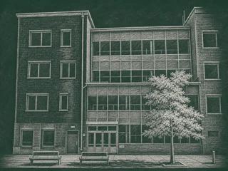 Chalkboard illustration of Vallastadens skola, Linköping