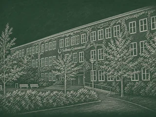Chalkboard-illustration av Solna Gymnasium, Solna