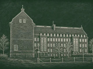 Chalkboard illustration of Södervärnsskolan, Gotland