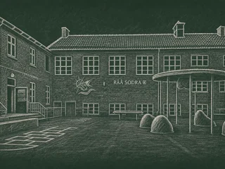 Chalkboard-illustration av Råå Södra skola, Helsingborg