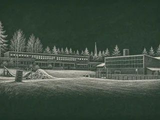 Chalkboard-illustration av Östra skolan, Jokkmokk