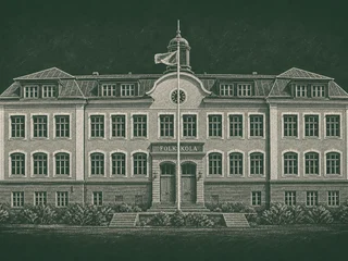 Chalkboard-illustration av Östra skolan, Nyköping