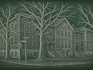 Chalkboard-illustration av Hjorthagens skola, Stockholm