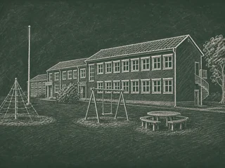 Chalkboard-illustration av Högbyskolan, Gotland