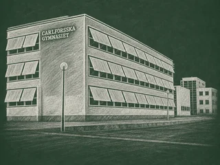 Chalkboard-illustration av Carlforsska gymnasiet, Västerås