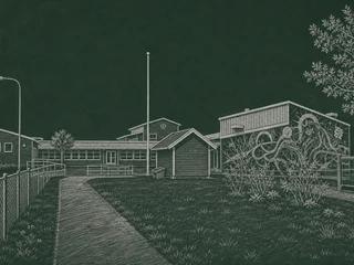 Chalkboard-illustration av Kållekärr skola, Tjörn