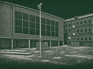 Chalkboard-illustration av Rödabergsskolan, Stockholm