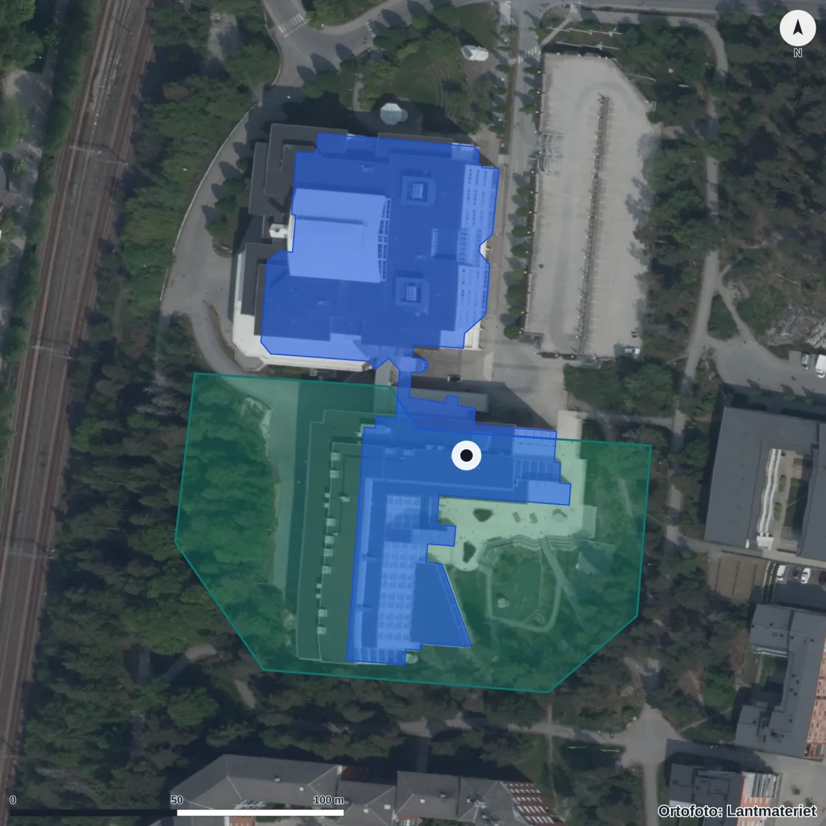 Flygbild över Söderbymalmsskolan, ortofoto från Lantmäteriet