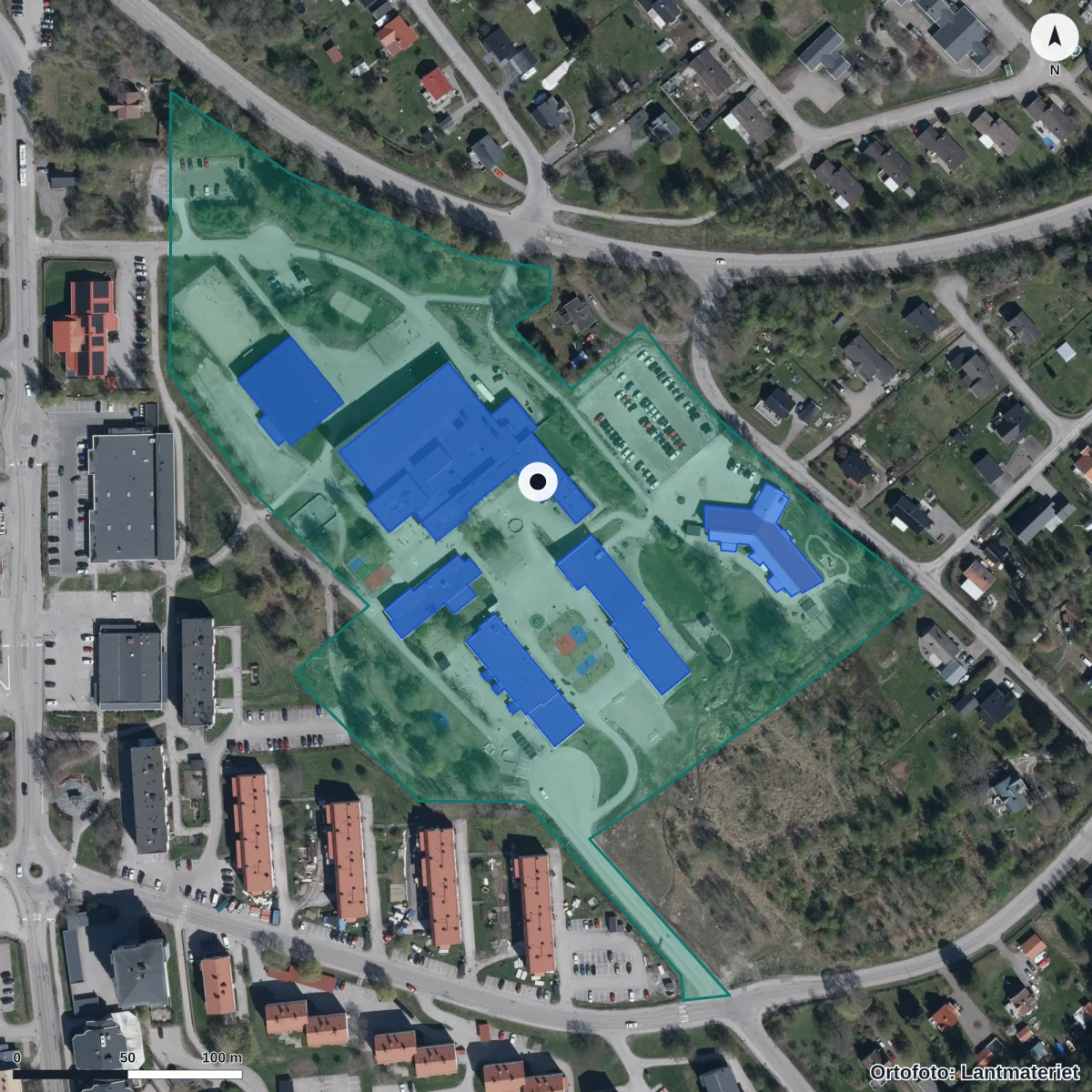 Flygbild över Vibackeskolan, ortofoto från Lantmäteriet