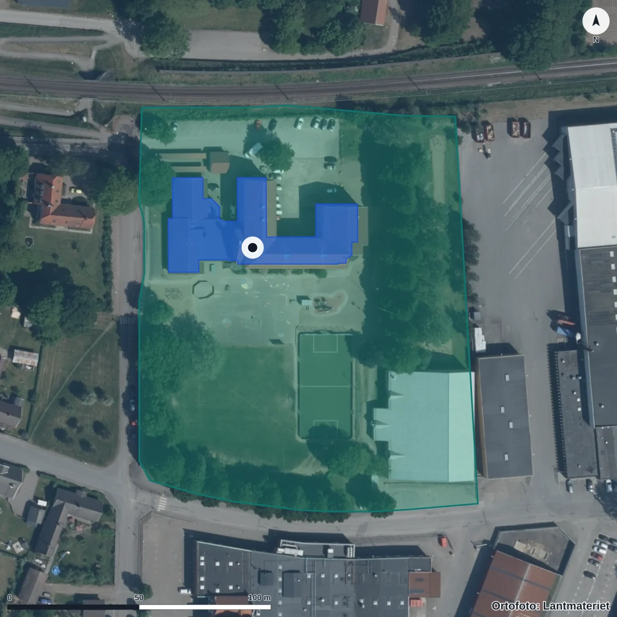 Flygbild över Kvidinge skola, ortofoto från Lantmäteriet