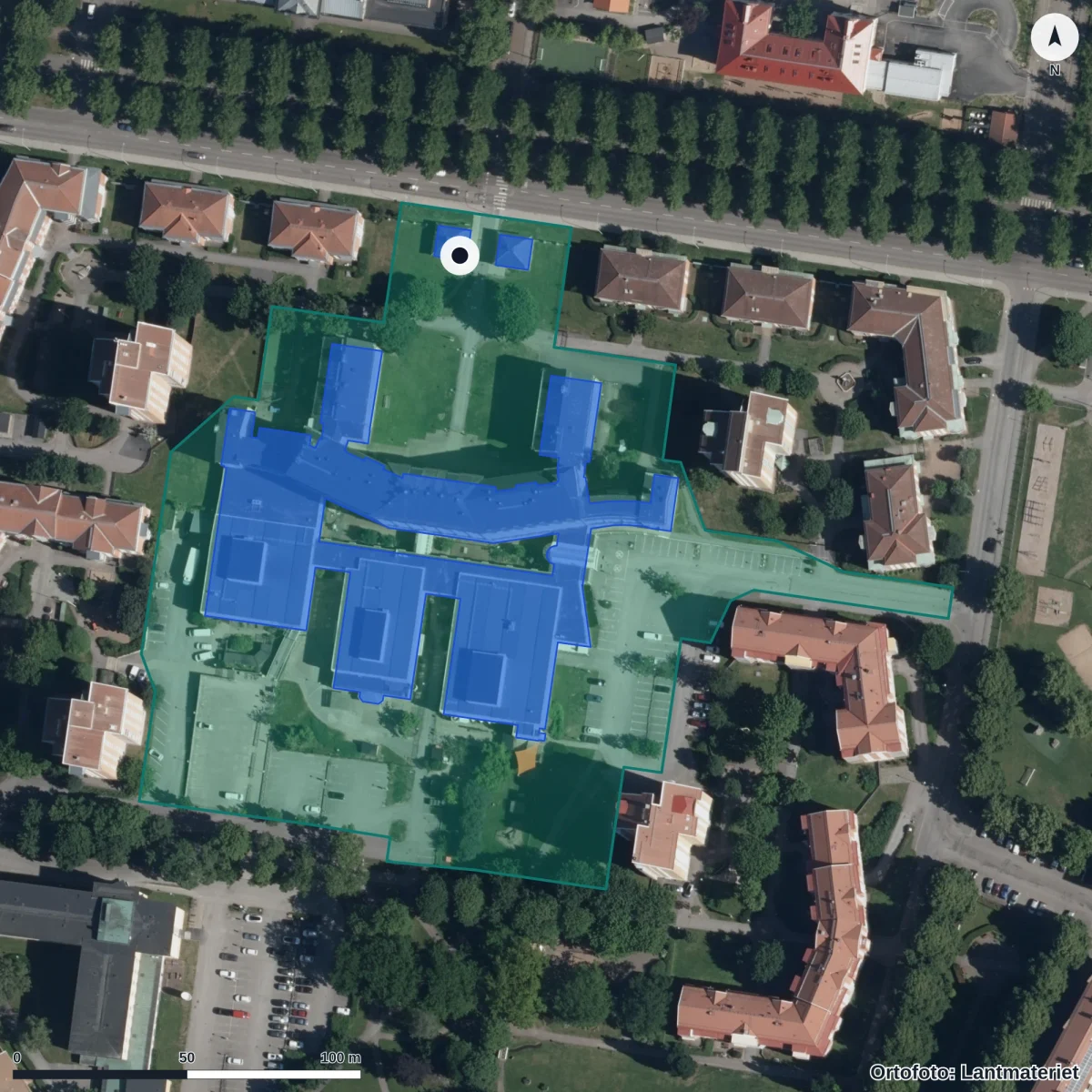 Flygbild över JENSEN grundskola Norrköping, ortofoto från Lantmäteriet