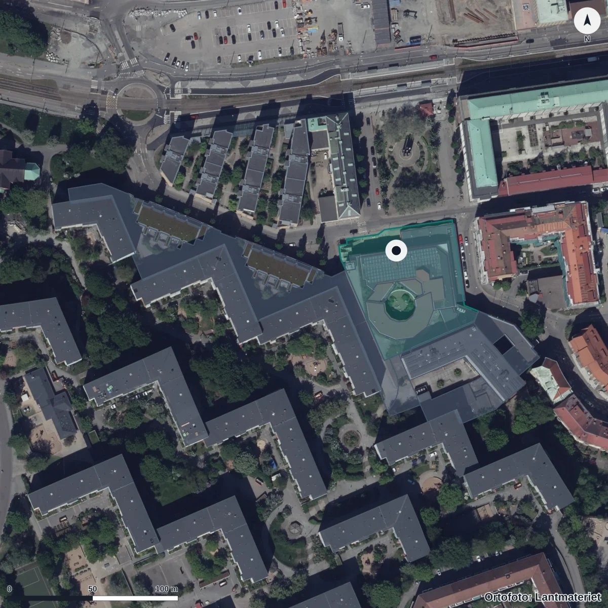 Flygbild över Designgymnasiet Göteborg, ortofoto från Lantmäteriet