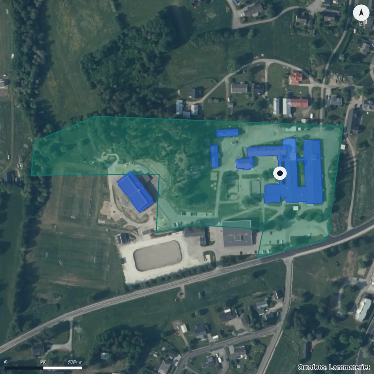 Flygbild över Stöde skola, ortofoto från Lantmäteriet