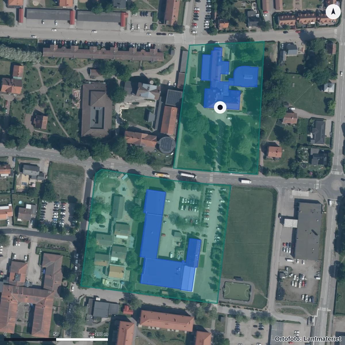 Flygbild över Svalöfs gymnasium, ortofoto från Lantmäteriet