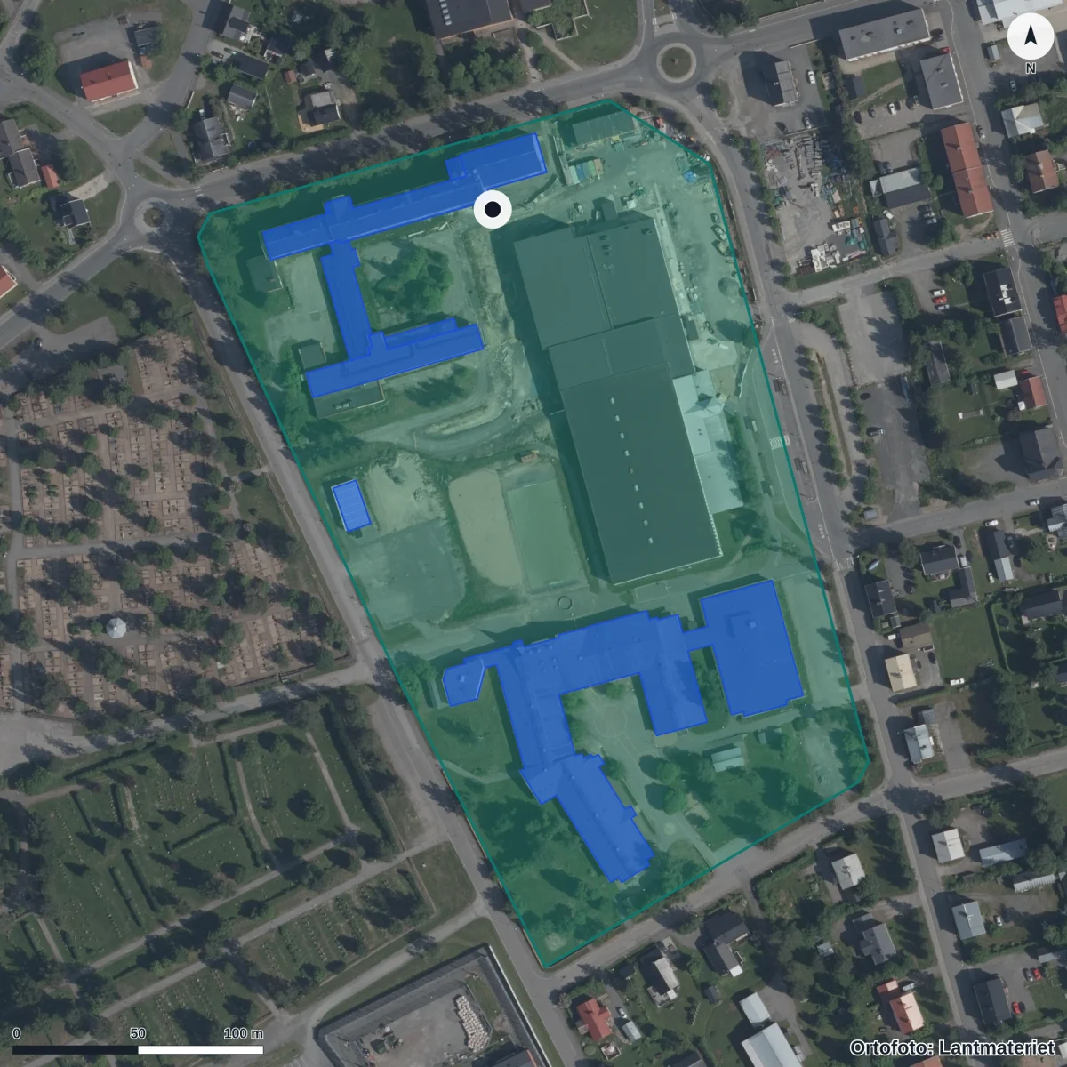 Flygbild över Tornedalsskolan, ortofoto från Lantmäteriet