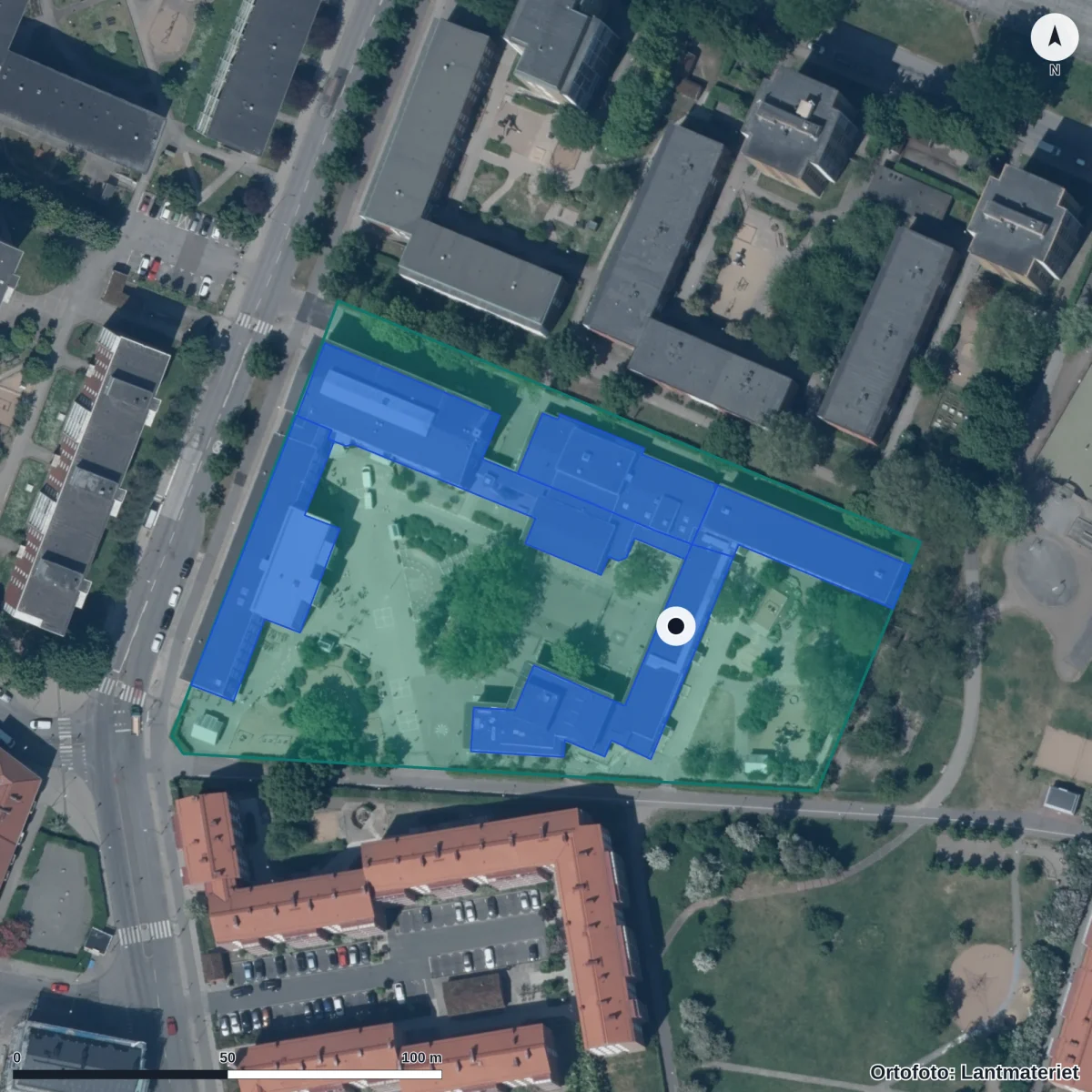 Flygbild över Stenkulaskolan Linden, ortofoto från Lantmäteriet
