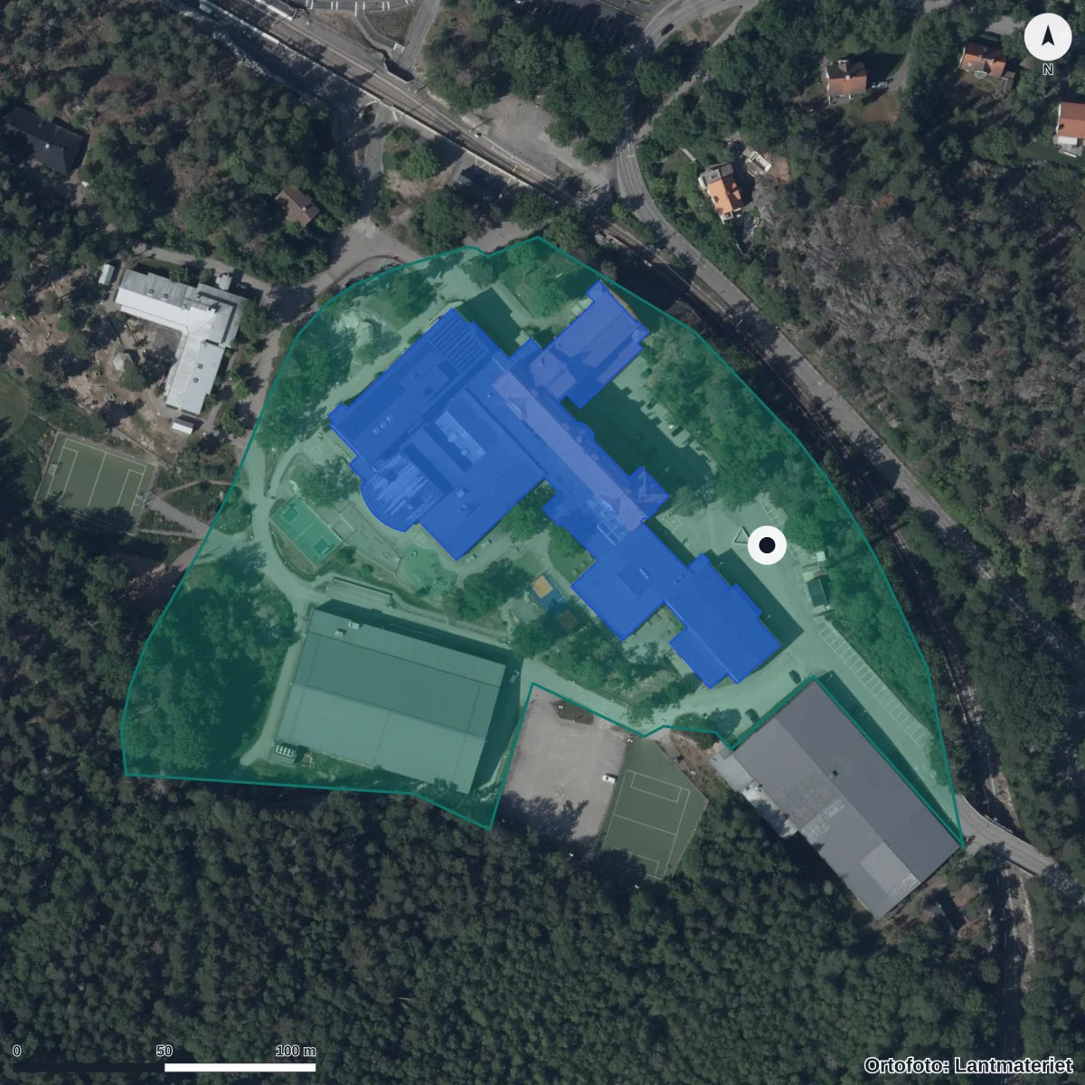 Flygbild över Saltsjöbadens samskola, ortofoto från Lantmäteriet