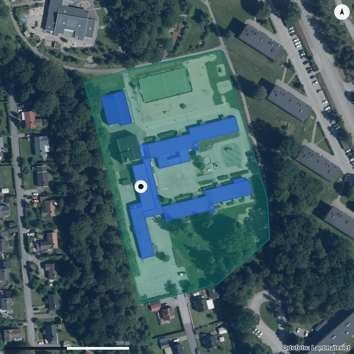 Flygbild över Vilboksskolan, ortofoto från Lantmäteriet