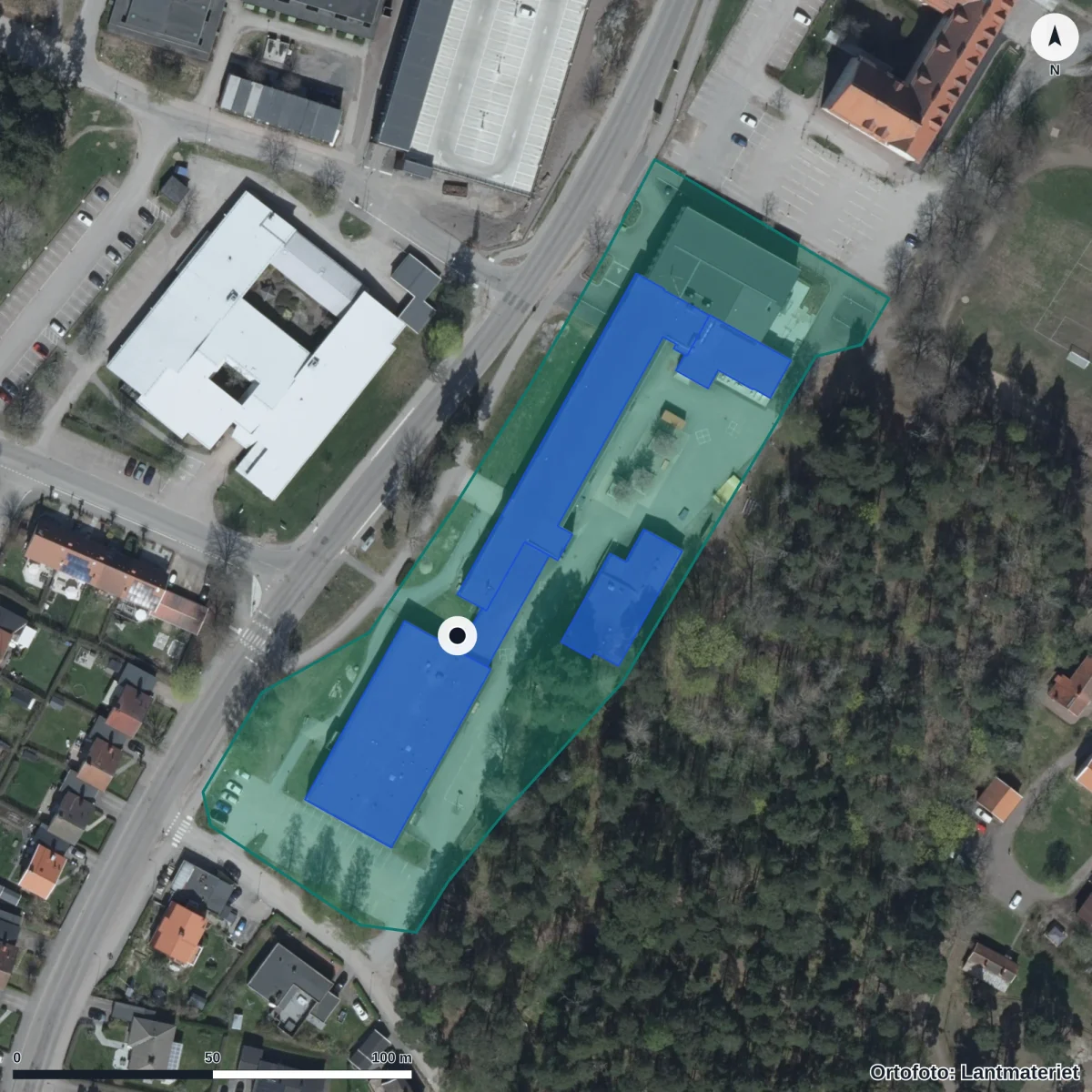 Flygbild över Resursskola Marieberg, ortofoto från Lantmäteriet
