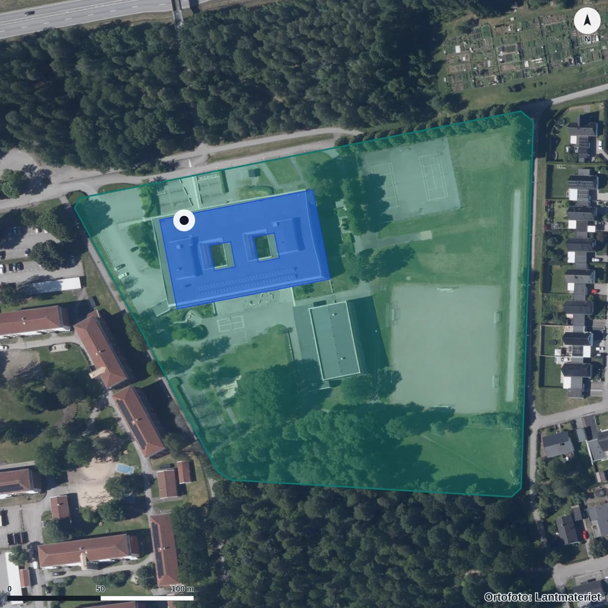 Flygbild över Norregårdskolan, ortofoto från Lantmäteriet