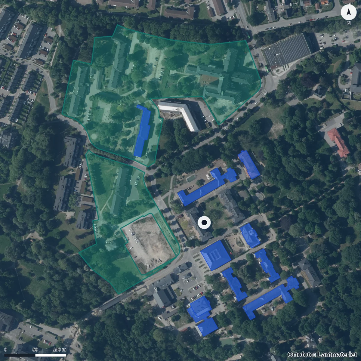 Flygbild över NTI Gymnasiet Lund, ortofoto från Lantmäteriet