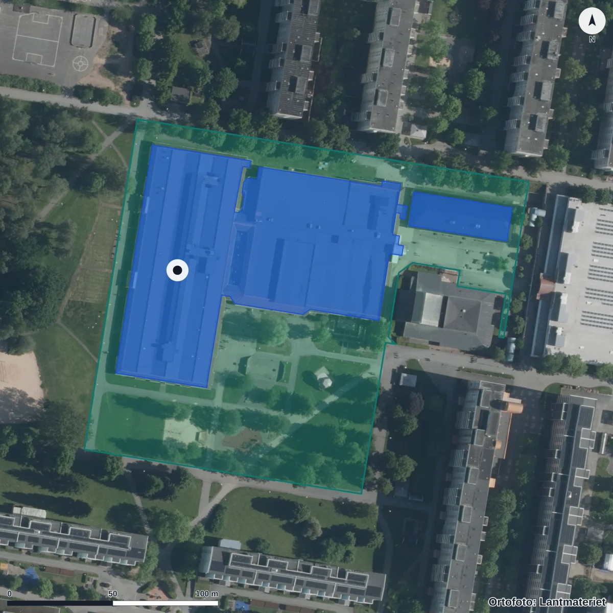 Flygbild över Stadsgårdsskolan, ortofoto från Lantmäteriet