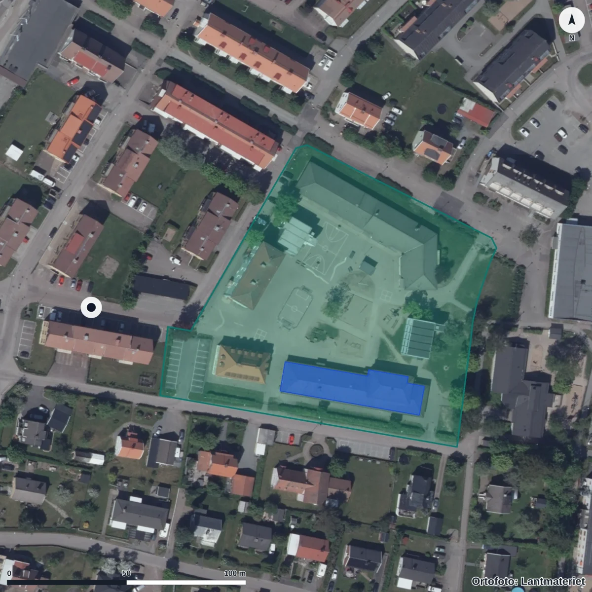 Flygbild över Nolskolan, ortofoto från Lantmäteriet