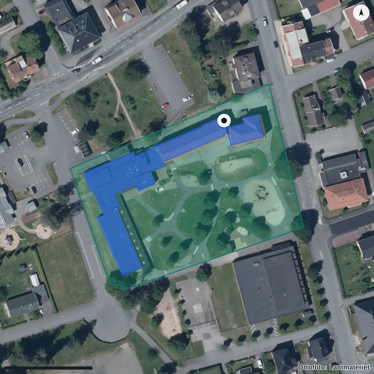 Flygbild över Rydaholms skola, ortofoto från Lantmäteriet
