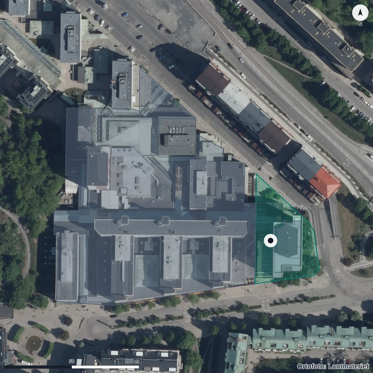Flygbild över Solna skolor modersmålsenheten, ortofoto från Lantmäteriet