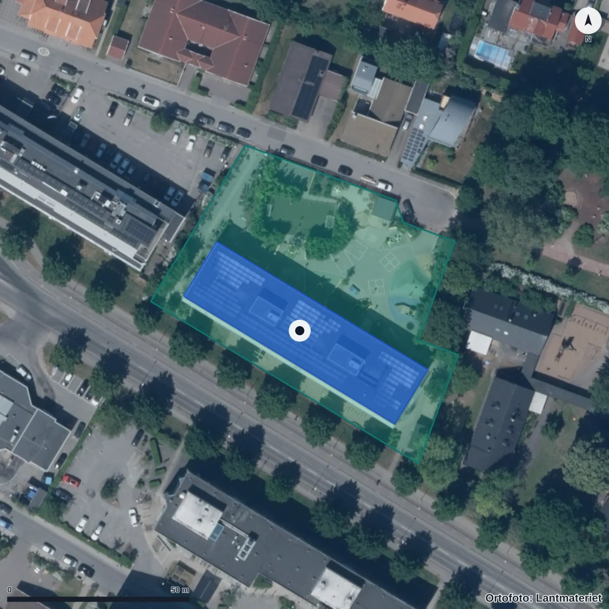 Flygbild över Malmö Montessoriskola, ortofoto från Lantmäteriet