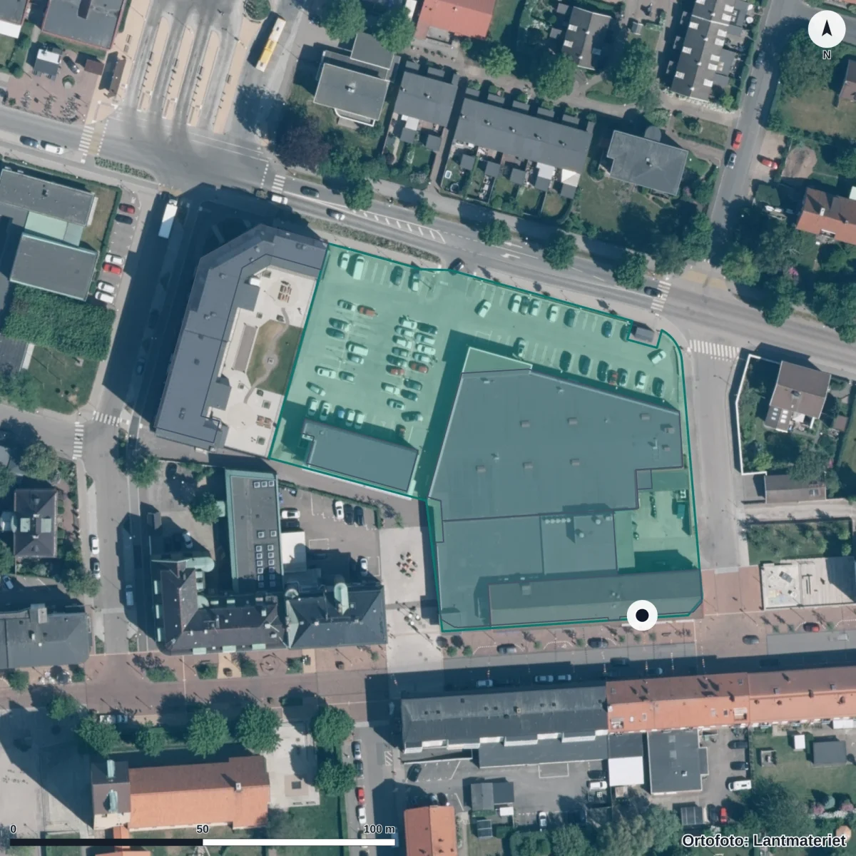 Flygbild över Enheten för flerspråkighet, ortofoto från Lantmäteriet