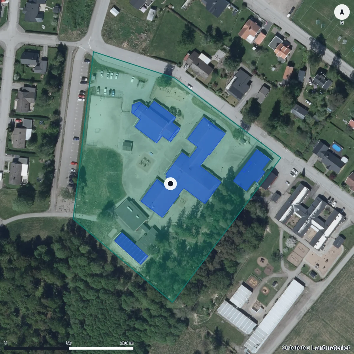 Flygbild över Kilenskolan, ortofoto från Lantmäteriet