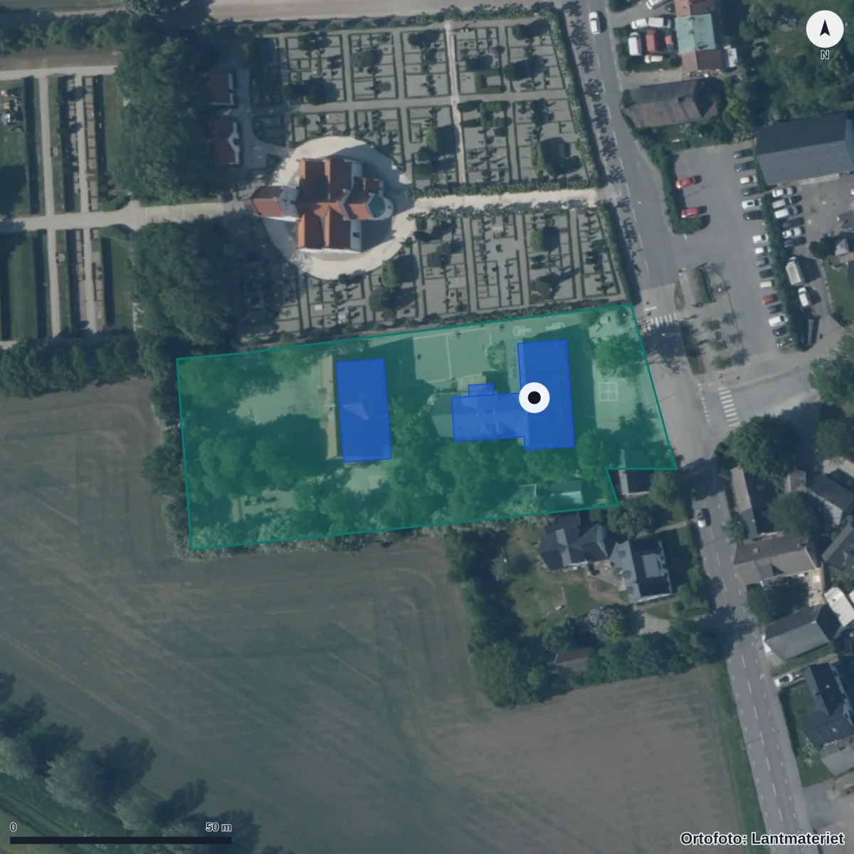 Flygbild över Vallkärra skola, ortofoto från Lantmäteriet