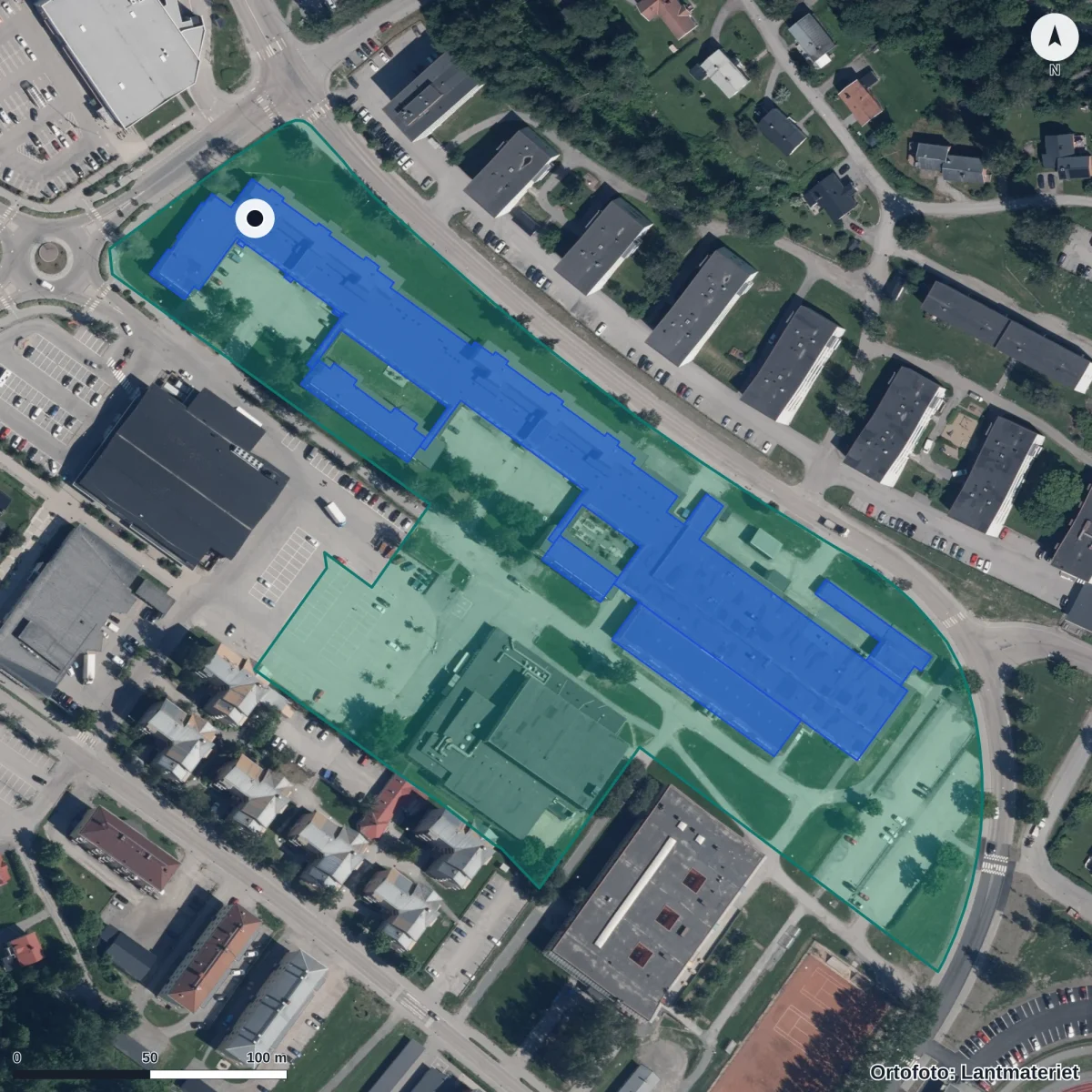 Flygbild över Kramfors gymnasium, ortofoto från Lantmäteriet