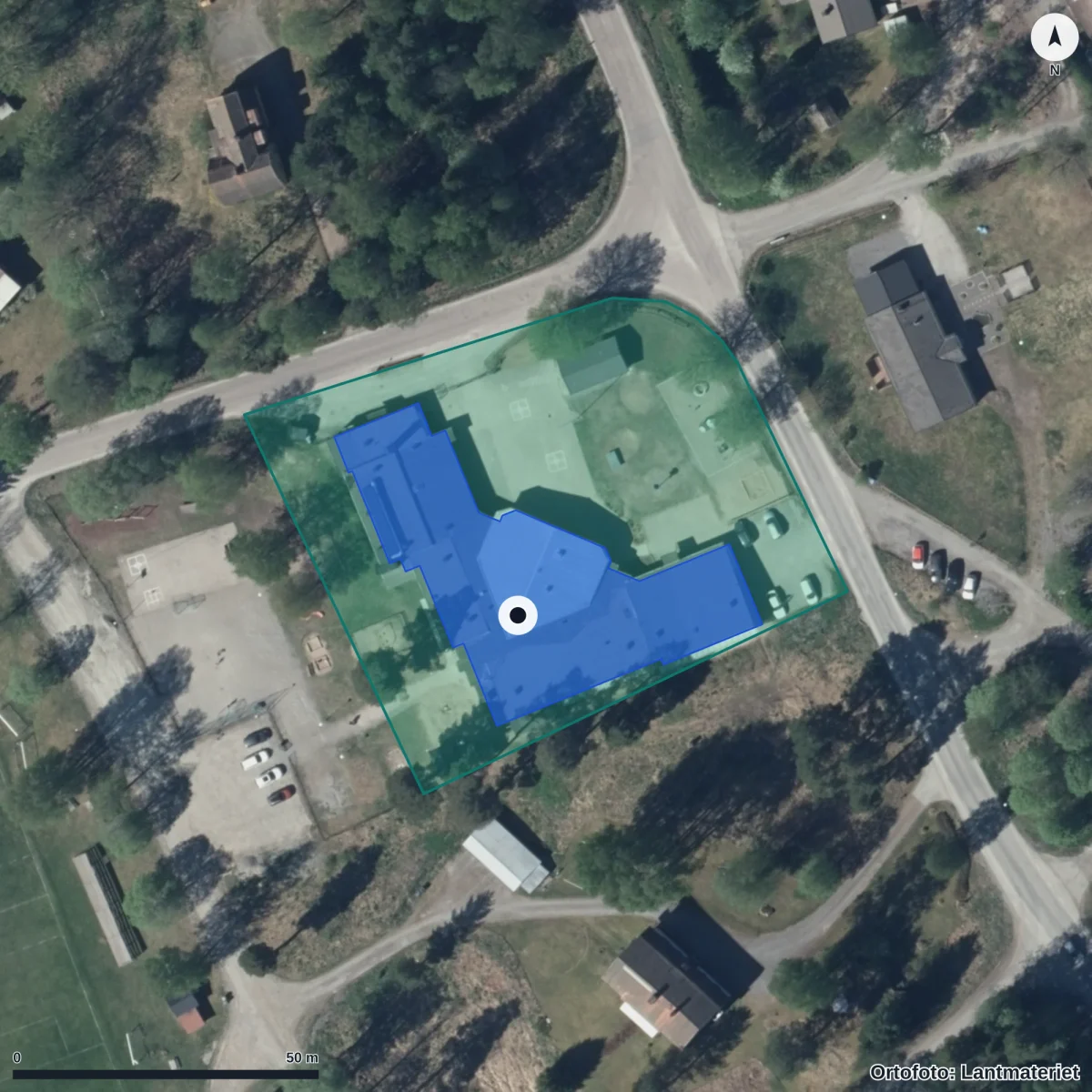 Flygbild över Blötbergets skola, ortofoto från Lantmäteriet