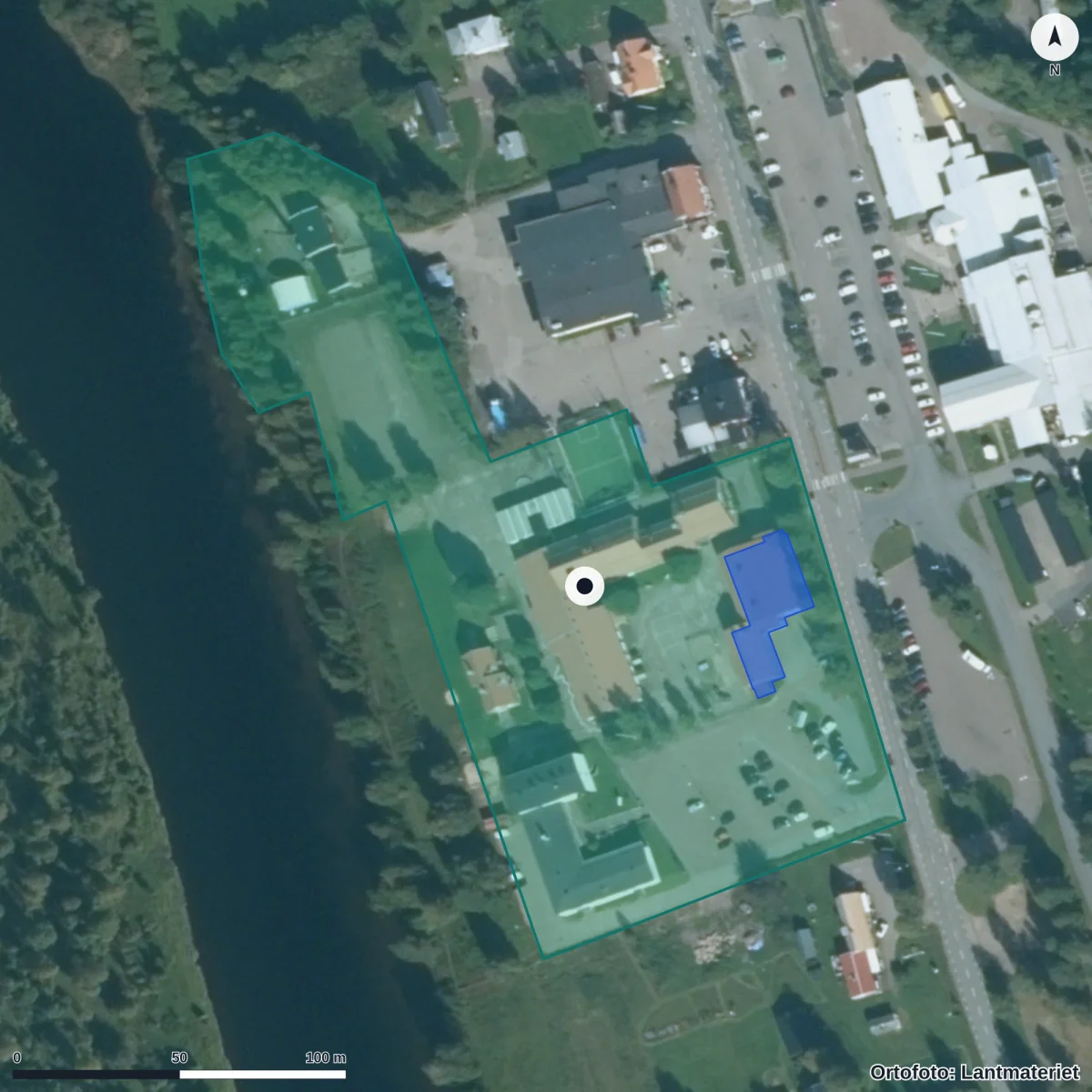 Flygbild över Sälens skola, ortofoto från Lantmäteriet