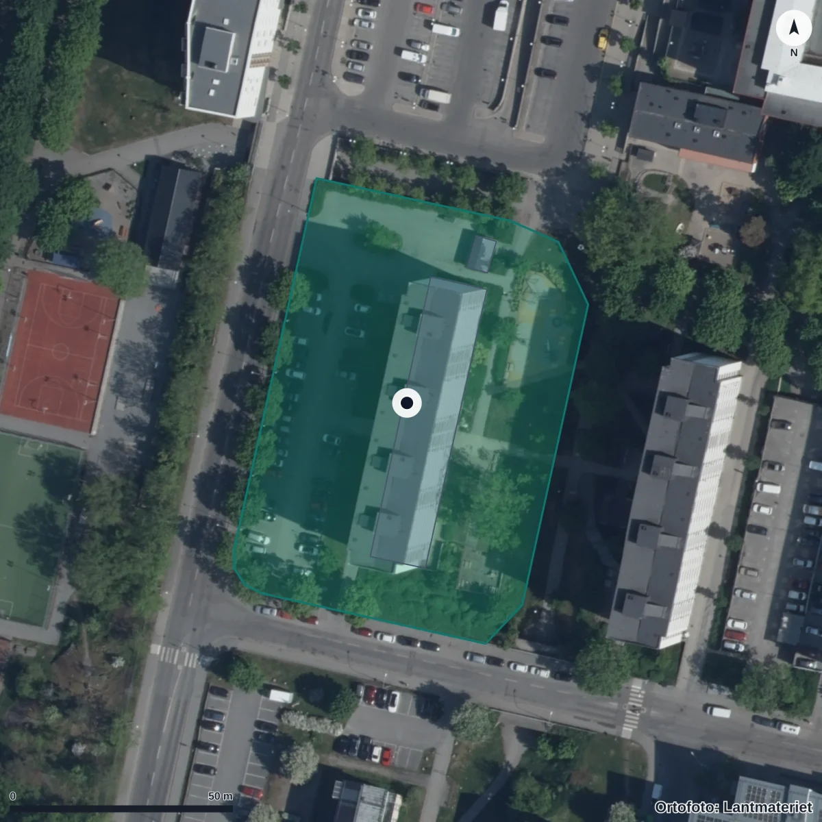 Flygbild över Bredängsskolan, ortofoto från Lantmäteriet