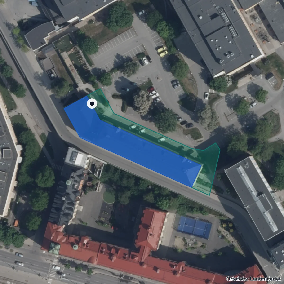 Flygbild över NTI Gymnasiet Stockholm, ortofoto från Lantmäteriet