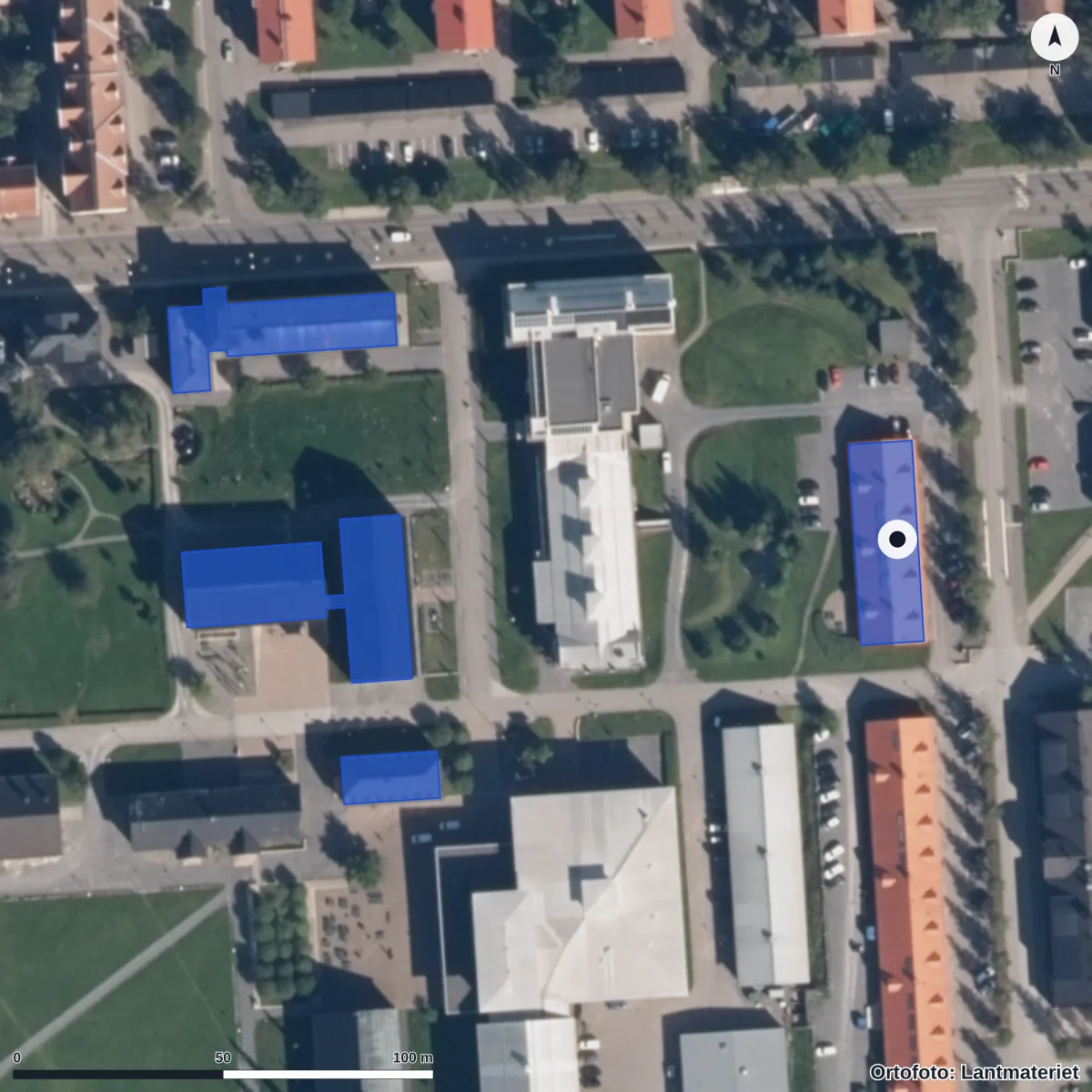 Flygbild över Kommunal vuxenutbildning, ortofoto från Lantmäteriet