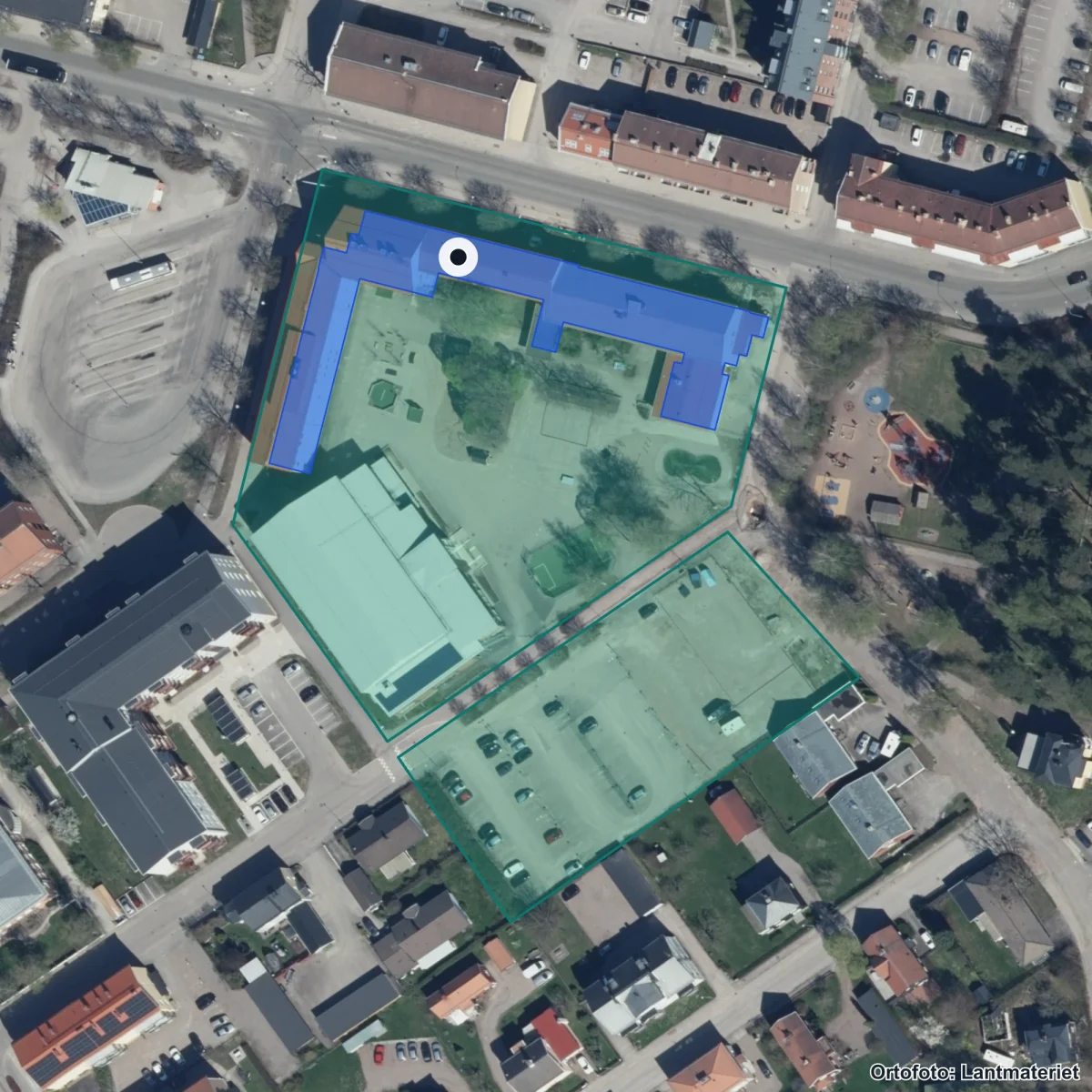 Flygbild över Markusskolan, ortofoto från Lantmäteriet