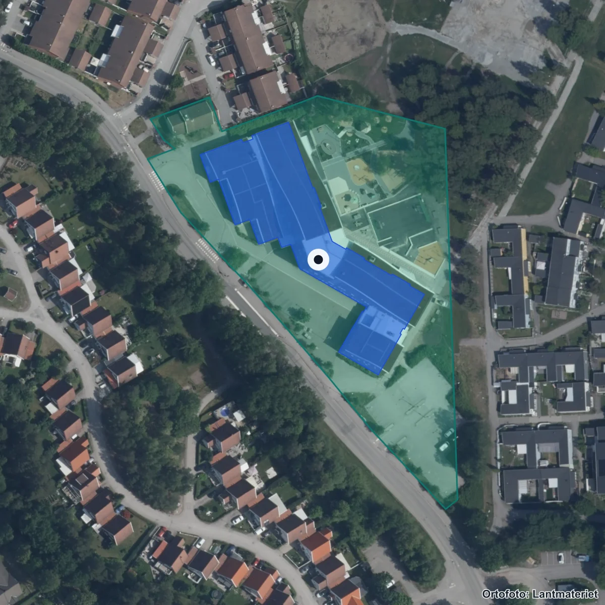 Flygbild över Galaxskolan, ortofoto från Lantmäteriet