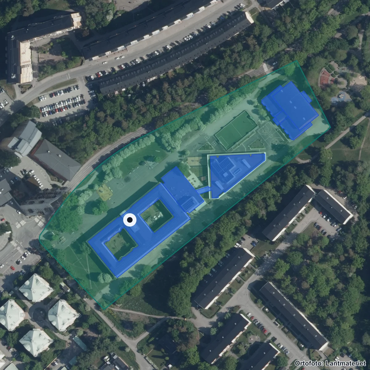 Flygbild över Källtorpskolan, ortofoto från Lantmäteriet