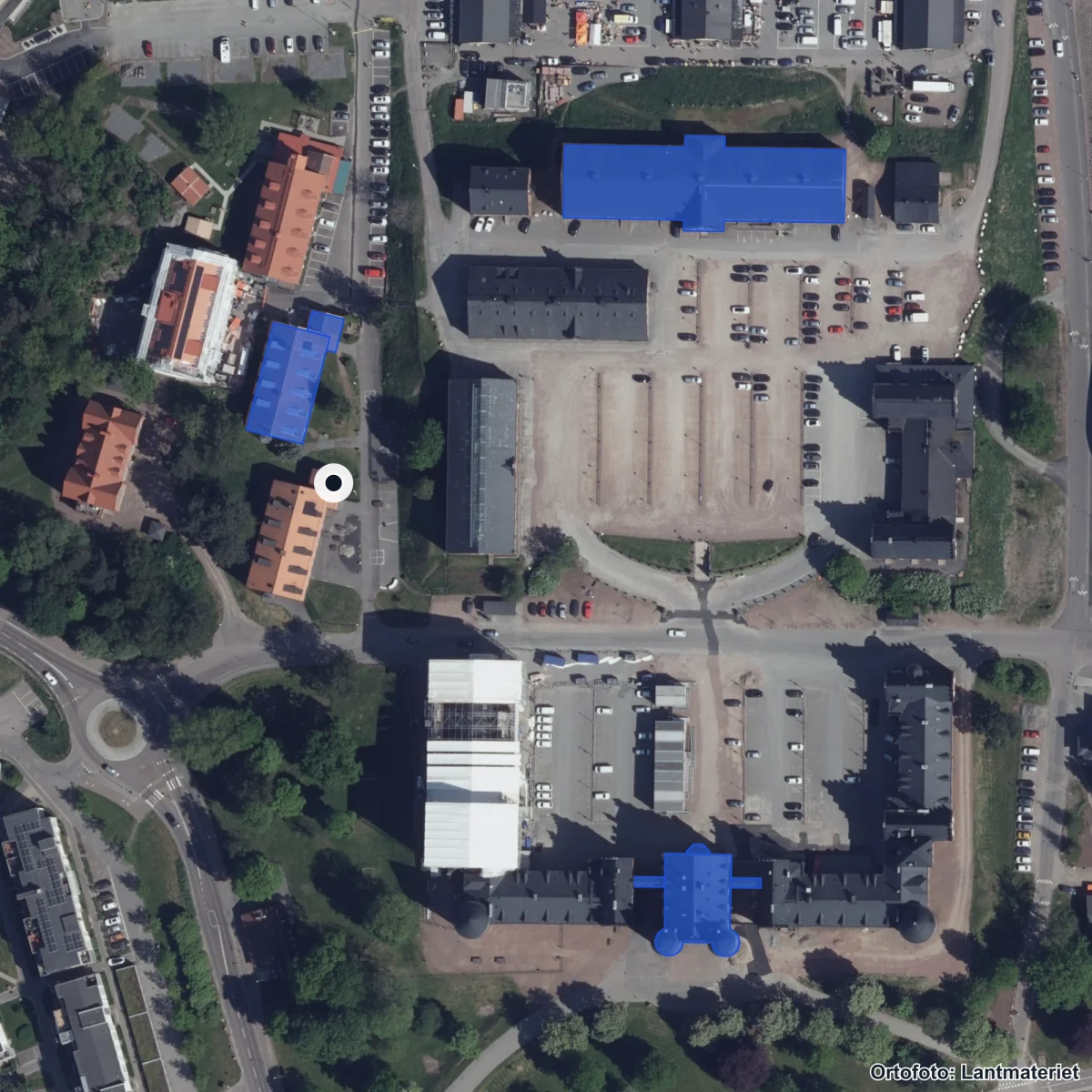 Flygbild över Noblaskolan Kviberg, ortofoto från Lantmäteriet