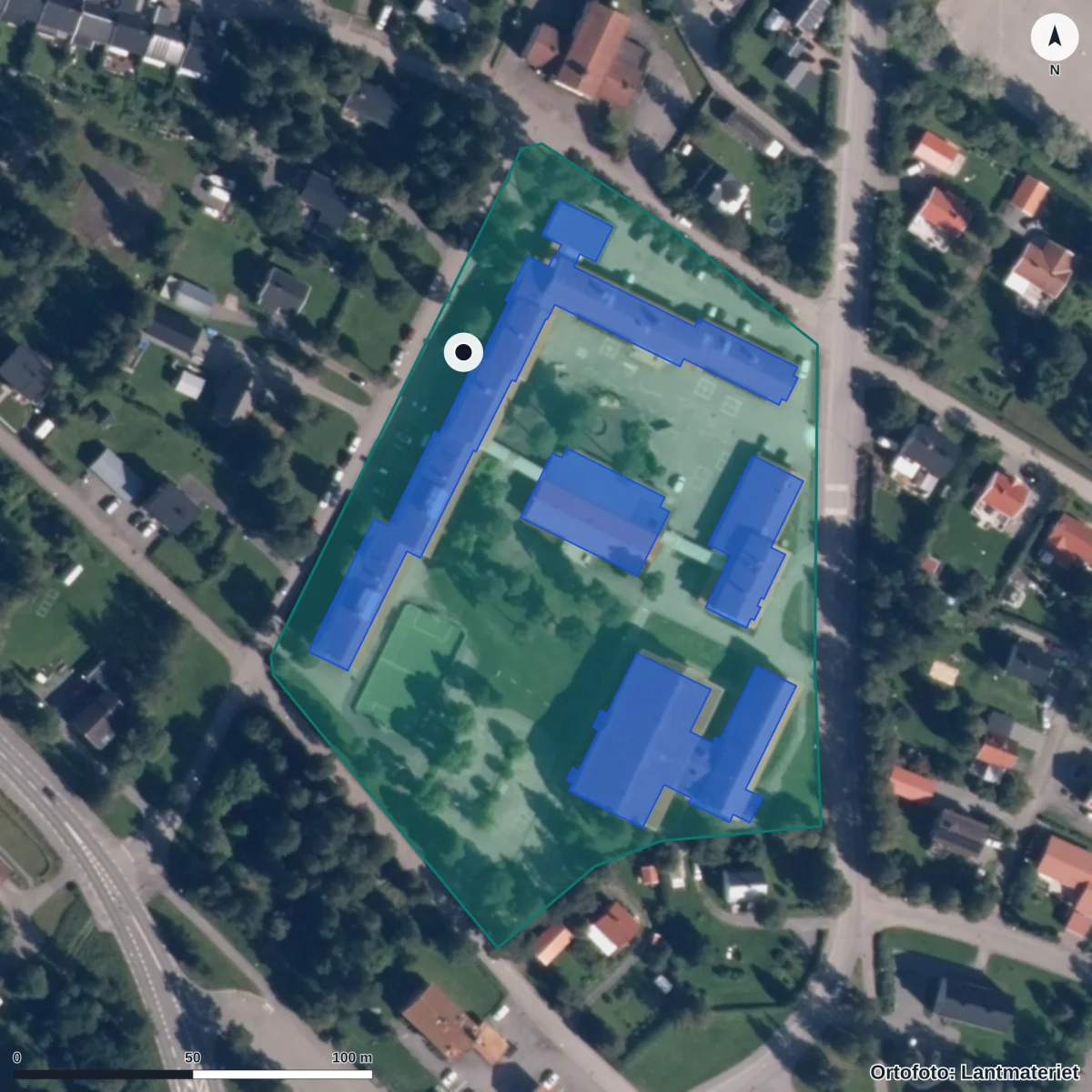 Flygbild över Kastalskolan, ortofoto från Lantmäteriet