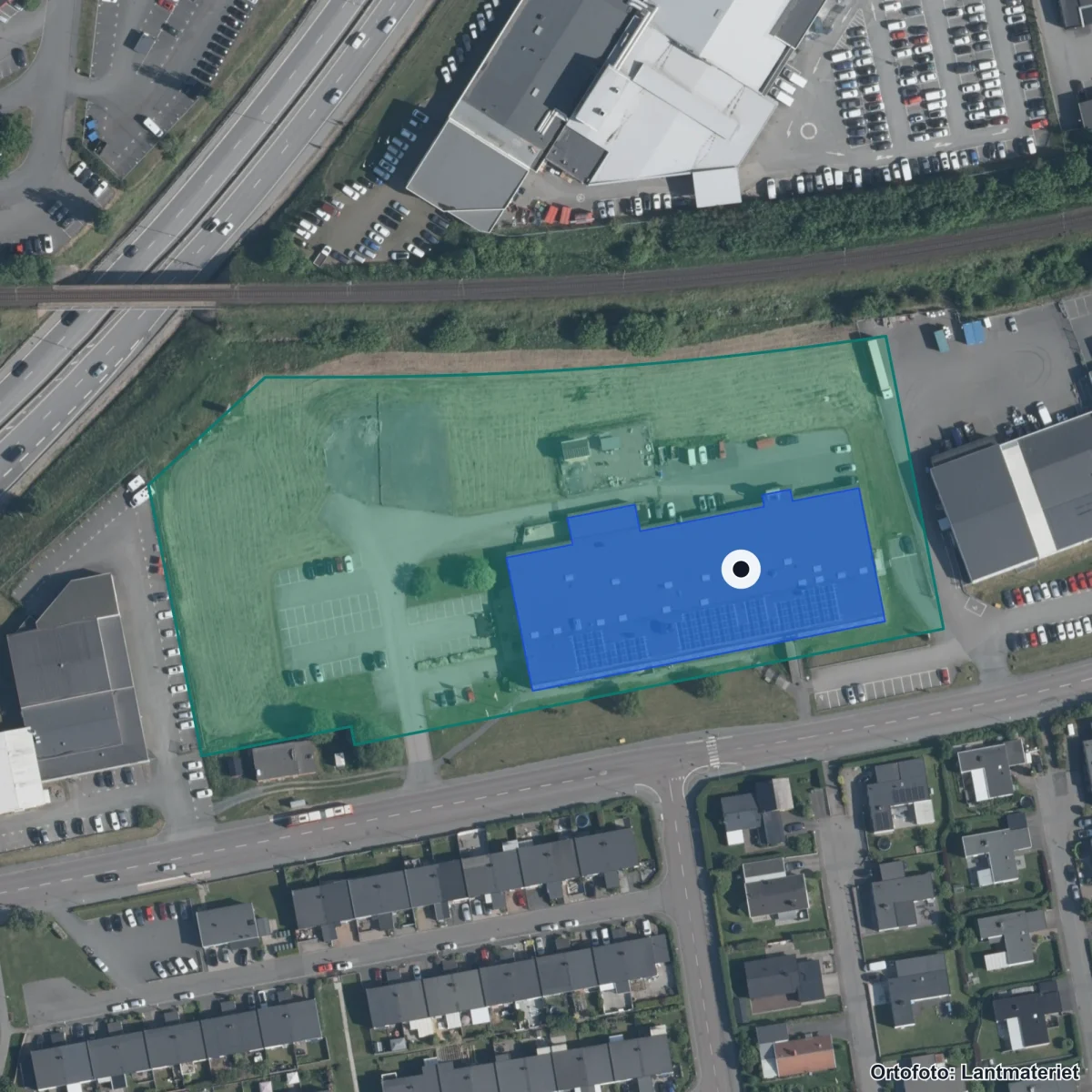 Flygbild över Praktiska Gymnasiet Jönköping, ortofoto från Lantmäteriet
