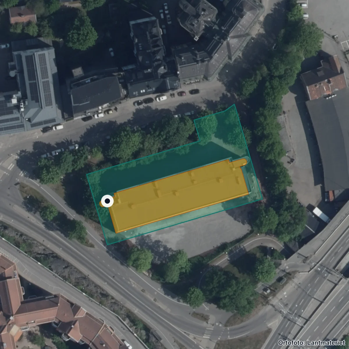 Flygbild över Komvux Liljeholmen, ortofoto från Lantmäteriet
